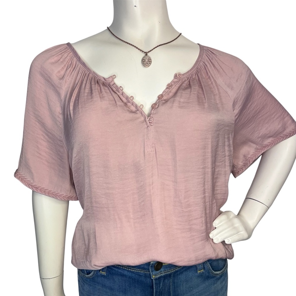 Joie Elegant Satin Pink Button Front Short Sleeved Embroidered Flowy Top